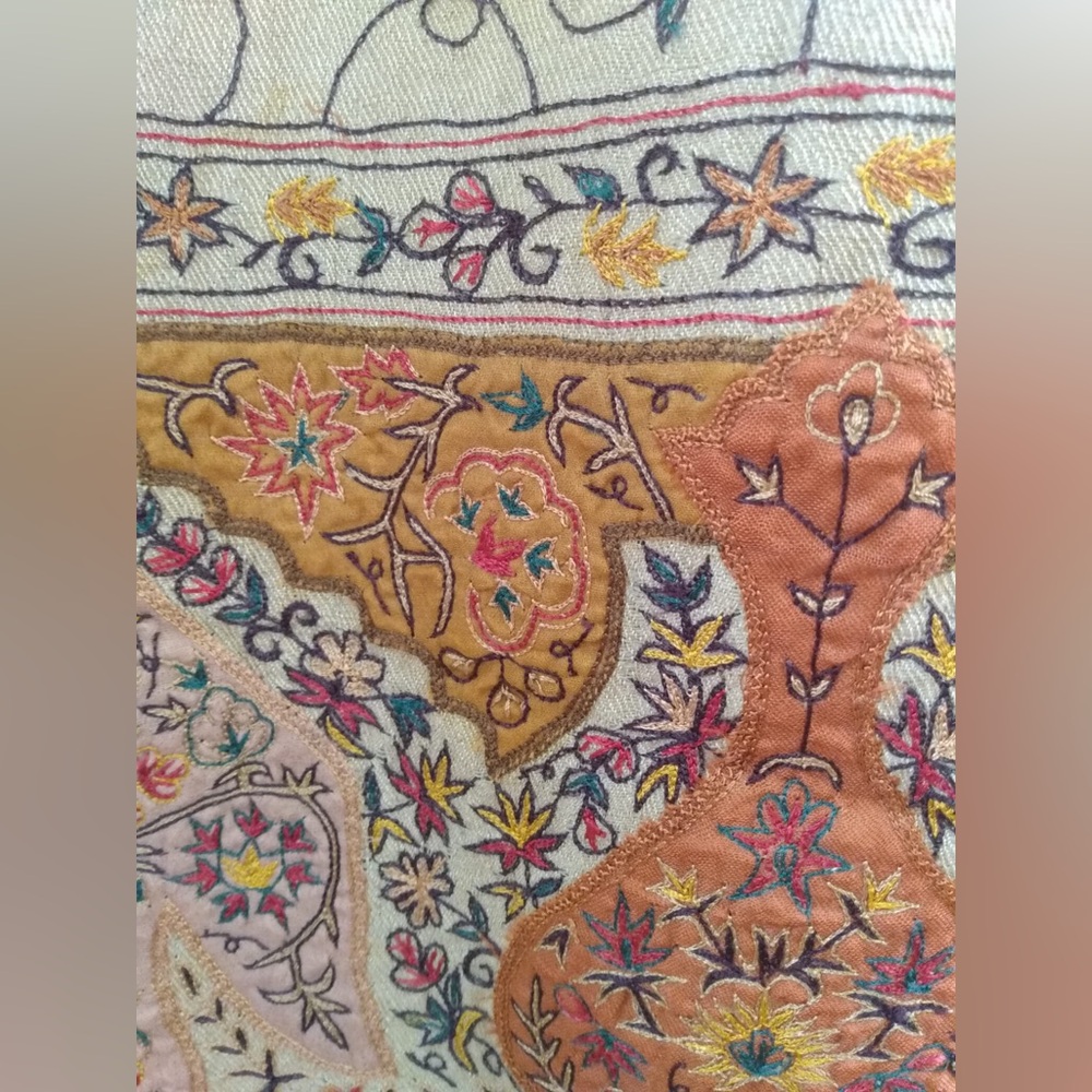 Large Embroidered Wool Fringe Rectangular Scarf S… - image 4